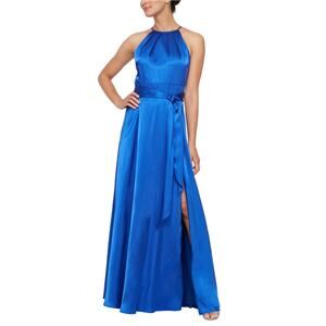 Alex Evenings Satin Sleeveless A-Line Halter Evening Gown Blue Size 10 Dress